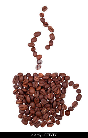 Körner von Kaffee in Form von Tasse mit Dampf isoliert Stockfoto