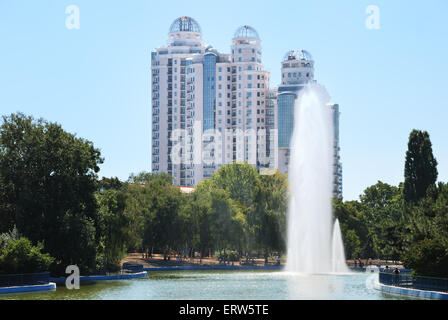 Landschaft mit einer hohen Fontäne im Stadtpark Stockfoto