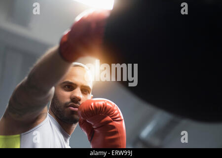 Close up Portrait of Hispanic Mann Boxsack im Fitness-Studio Stockfoto