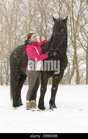 junge Frau mit Friesisch Pferd Stockfoto