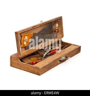 Vintage handgemachte hölzerne Toolbox mit Zimmerhandwerk-Werkzeuge Stockfoto