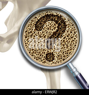 Medizinische Gesundheitsfragen Knochen und Osteoporose Illustration Konzept als eine Nahaufnahme Diagramm aus dem Inneren des menschlichen Skeletts Hüftknochen mit einem Vergrößerung-Glas mit einem normalen gesunden Zustand erniedrigend für abnorme ungesunde Anatomie als Fragezeichen. Stockfoto