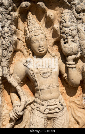 Nahaufnahme der Guard-Stein bei Ratnaprasada (Rathna Prasada), Anuradhapura, Sri Lanka Stockfoto