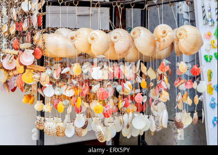 Muscheln und Seesterne einander durch Zeichenfolgenauflistung von verschiedenen bunten Ornament gebunden. Stockfoto