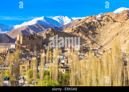 Blick auf Leh Palace und Namgyal Tsemos Kloster in Leh, Ladakh Region, Indien Stockfoto