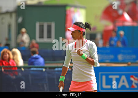 09.06.2015. Nottingham, England. Aegon Open Tennis. Faust-Pumpe von Qiang Wang aber sie verlor ihr Match, Sachin Vickery Stockfoto