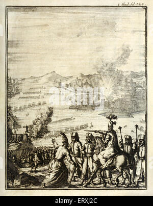 Erfassung von Mahdiye 1550, spanische Truppen marschieren unter dem Deckmantel der Kanonen auf Mahdia, Kupferstich von Herman Padtbrugge (1656-1687). Siehe Beschreibung für mehr Informationen. Stockfoto