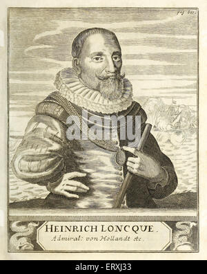 Hendrick Lonck (1568-1634), niederländische Seeheld und erste niederländische Kapitän zur See, der neuen Welt zu erreichen. Kupferstich von Herman Padtbrugge (1656-1687). Siehe Beschreibung für mehr Informationen. Stockfoto