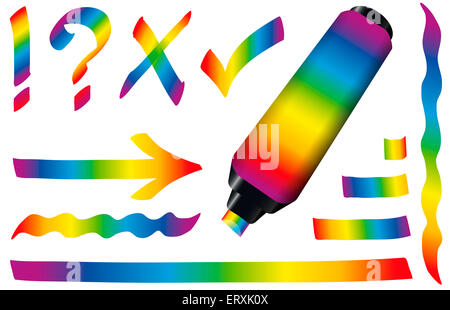Regenbogenfarbenen Textmarker - Marker, Strichen und Zeichen. Stockfoto