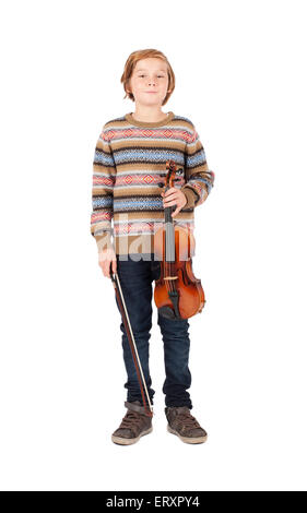 Blonder Junge mit Geige Stockfoto