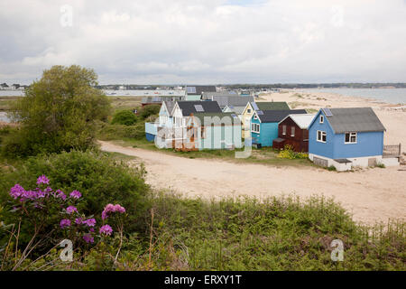 Strandhütten in Hengistbury Head, in der Nähe von Mudeford, Christchurch, Dorset, England, Großbritannien Stockfoto