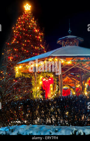 Ein Dorf Weihnachtsbaum und Pavillon sind festlich für die Feiertage beleuchtet Stockfoto