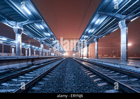 Bahnhof in der Nacht. Bahnsteig im Nebel. Eisenbahn in Donezk. Stockfoto