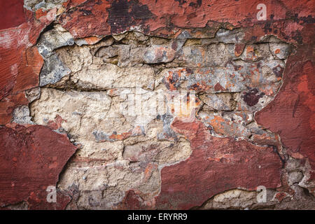 Hintergrund der bunten Ziegel Wand Textur. Mauerwerk. Abblätternde Farbe. Muster der rustikalen Grunge Material. Stockfoto