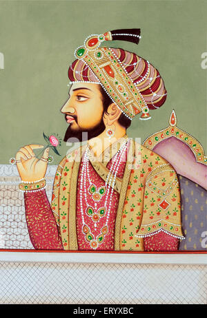 Shah Jahan Miniaturbild des Moghul-Kaisers auf dem Thron sitzend Riechende Rose Indien Stockfoto