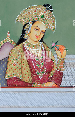 Mumtaz Mahal , Mughal Kaiserin , Kaiserin Gemahlin , sitzen auf dem Thron und riecht eine rosa Rose , Miniatur-Gemälde von Mughal Königin , Indien , Asien Stockfoto