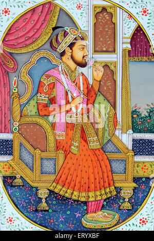 Miniaturbild des Mogul-Kaisers Shah Jahan, der auf seinem Thron sitzt und eine Rosenblume riecht; Indien; Asien Stockfoto