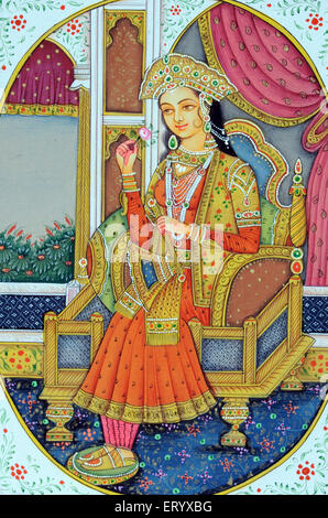 Miniatur-Gemälde von Mughal Königin Mumtaz Mahal sitzen auf ihrem Thron und riecht eine rosa Rose Blume; Indien; Asien Stockfoto
