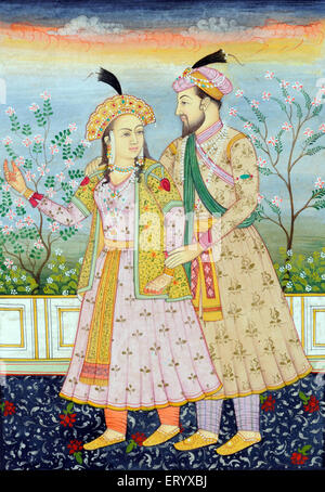 Die Miniaturmalerei der Großmogul Shah Jahan mit Frau Mumtaz Mahal Stockfoto