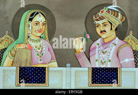 Jodha Akbar mit Bai Miniaturmalerei von Indien Stockfoto