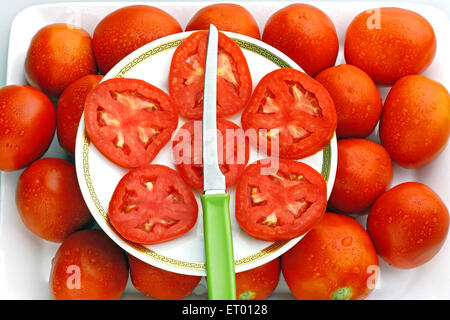 Rote Tomaten lateinischen Lycopersicon Esculentum Scheiben auf einem weißen Teller mit scharfen Messer; Indien Stockfoto