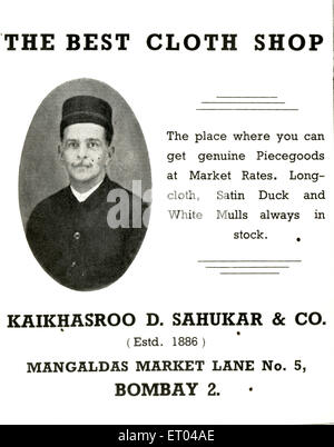 Werbung; Kaikhasroo D. Sahukar & Co.; 1886; Mangaldas Market Lane Number 5; Bombay; Mumbai; Maharashtra; Indien; Asien; Jahrgang; 1900er Stockfoto