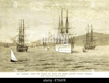 Die Serapis mit dem Prinzen von Wales auf einem Brett Bombay Hafen verlassen; 1. Januar 1876; Bombay Mumbai; Maharashtra Stockfoto