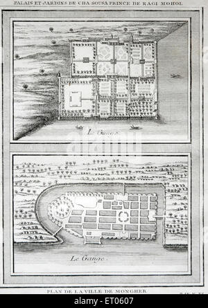 Indien Karte; Palais et Jardins De Cha Sousa Prince de Ragi Mohol Plan De La Ville De Mongher Stockfoto