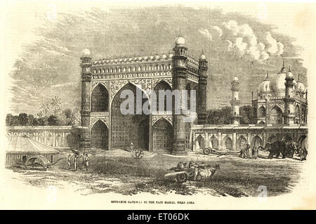 Eingang zum Taj Mahal , Bullock Cart , Elefant , Palanquin , Agra , Uttar Pradesh, Indien, alte 1800er-Gravur Stockfoto