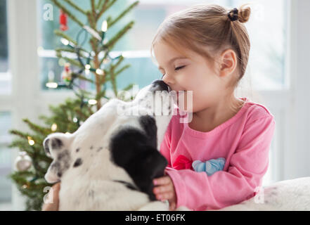 Hund leckt Mädchen Gesicht Stockfoto