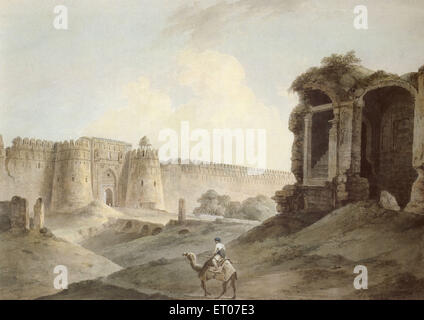 Purana Qila, Old Fort, Shergarh & Sher Fort, ältestes Fort in Delhi, Kamelreiter, Delhi, Indien, Asien, Altes Bild aus dem 19. Jahrhundert Stockfoto