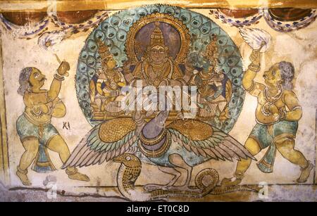 Herr N. mit Valli und Devasena auf Peacock achtzehnten Jahrhundert Wandbild Brihadeeshswara Tempel in Thanjavur Tamil Nadu, Indien Stockfoto