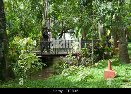 Paare, die auf Brücke in Erbe Lake Resort; Kuttanad; Alleppey Alappuzha; Kerala; Indien Herr #777 K; 777L Stockfoto