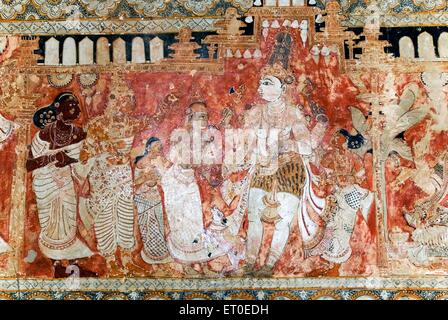 Wandgemälde im Veerabhadra Tempel im Lepakshi Andhra Pradesh Indien indische Vijayanagara Ära Shri Veerabhadra Swamy Tempel im Vijayanagara Stil Kunstfresko Stockfoto