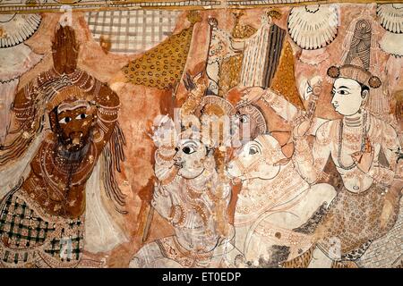 Wandmalereien in Virabhadra Tempel an;  Lepakshi; Andhra Pradesh; Indien Stockfoto
