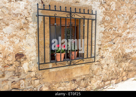 Blumentöpfe auf der Fensterbank eines spanischen Hauses mit einem schmiedeeisernen grill über das Fenster Stockfoto