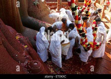 Anhänger suchen Segen Statue von Bhagwan Gomateshwara Bahubali Mahamasthakabhisheka Shravanabelagola; Hassan Karnataka Stockfoto