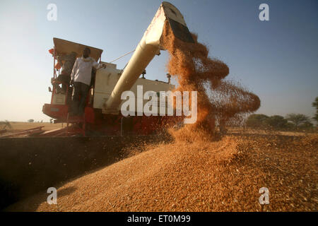 Mähdrescher von Landwirt Ernte Weizen betrieben, Bhopal, Madhya Pradesh, Indien, Asien Stockfoto