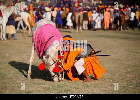 Nihang oder Sikh Krieger mit Gewehr und Pferd während der Hola Mohalla Feier bei Anandpur Sahib in Rupnagar Stockfoto