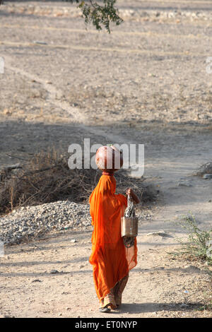 Frau mit Wassertopf auf dem Kopf, Indien Stockfoto