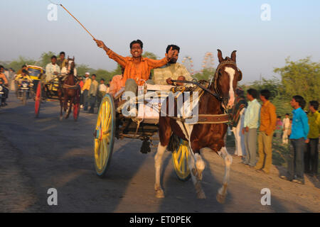 Pferdekutschenrennen, Pushkar Fair, Camel Fair, Kartik Mela, Pushkar Mela, Pushkar, Ajmer, Rajasthan, Indien, Indianermessen Stockfoto
