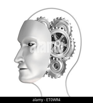 Kopf mit Zahnrädern im Gehirn, 3D illustration Stockfoto