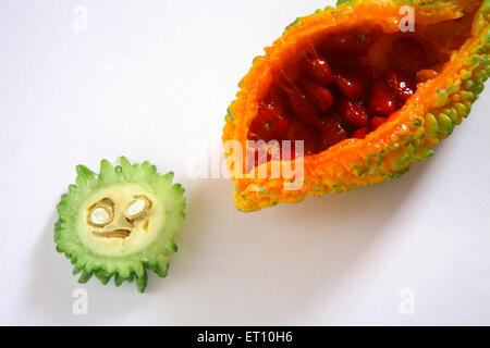 Grünes Gemüse; die Hälfte schnitt mit Scheibe karela bitteren Kürbis momordica charantia mit roten Samen auf weißem Hintergrund - nvm-162886 Stockfoto