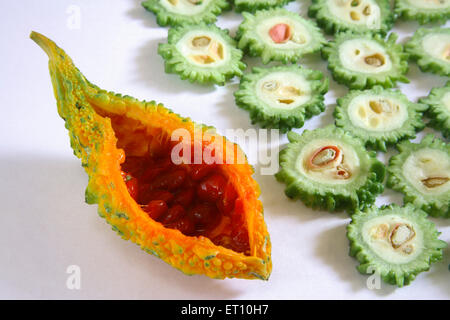 Karela, Bitter Gourd, Bitter Melone, Gemüse, momordica charantia, rote Samen auf weißem Hintergrund Stockfoto