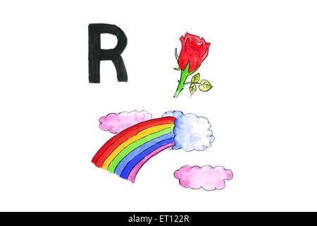Aquarell Malerei Alphabet r mit Regenbogen und rose Stockfoto