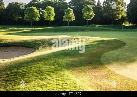 Ein typischer Golfplatz in der frühen Morgensonne. Stockfoto