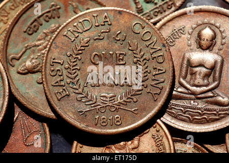 Eine Anna East India Company alte Münze antike Münze Metallmünze runde Münze Messingmünze 1818 Stockfoto