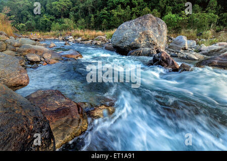 Reshi Fluss Wasser fließt auf Felsen Sikkim Indien Asien Stockfoto