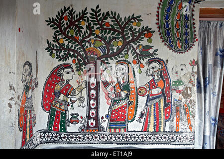 Wandmalerei, Madhubani Malerei, Mithila Malerei, Madhubani, Darbhanga, Bihar, Indien, Asien Stockfoto