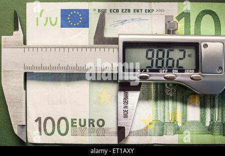 Konzeptuelle Komposition Geld Abwertung, symbolisch zeigte mit Schiebe-Bremssattel hundert Euro Messen vertreten. Stockfoto